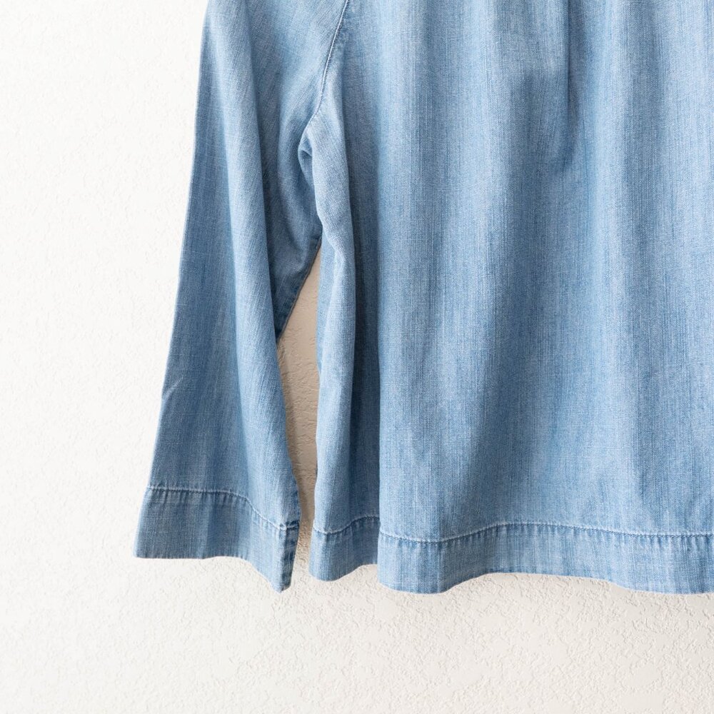 Madewell Chambray Top XS Blue Cotton Lyocell Tie Neck Boho Lightweight Blouse - Picture 11 of 12